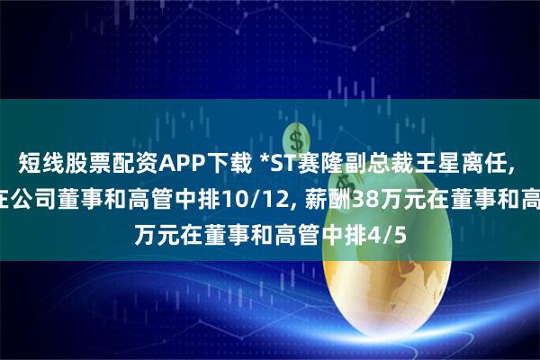 短线股票配资APP下载 *ST赛隆副总裁王星离任, 年龄42岁在公司董事和高管中排10/12, 薪酬38万元在董事和高管中排4/5